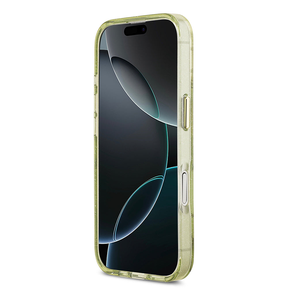 Guess iPhone 17 Orjinal Lisanslı M-safe Şarj Özellikli Simli Çiçek Desenli Metal Kamera Çerçeveli Üçgen Logolu Kılıf