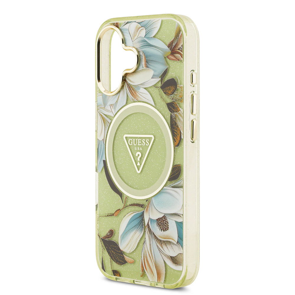Guess iPhone 17 Orjinal Lisanslı M-safe Şarj Özellikli Simli Çiçek Desenli Metal Kamera Çerçeveli Üçgen Logolu Kılıf
