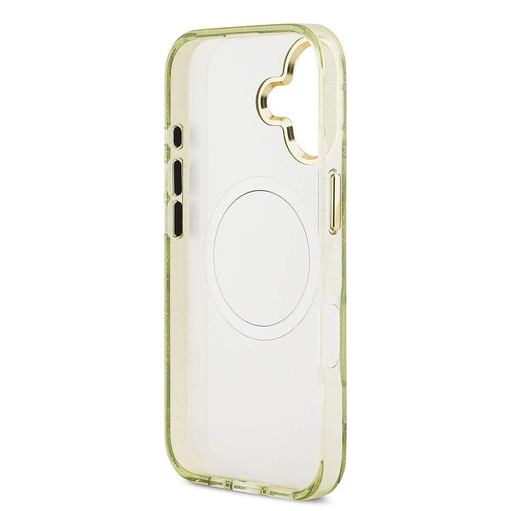 Guess iPhone 17 Orjinal Lisanslı M-safe Şarj Özellikli Simli Çiçek Desenli Metal Kamera Çerçeveli Üçgen Logolu Kılıf