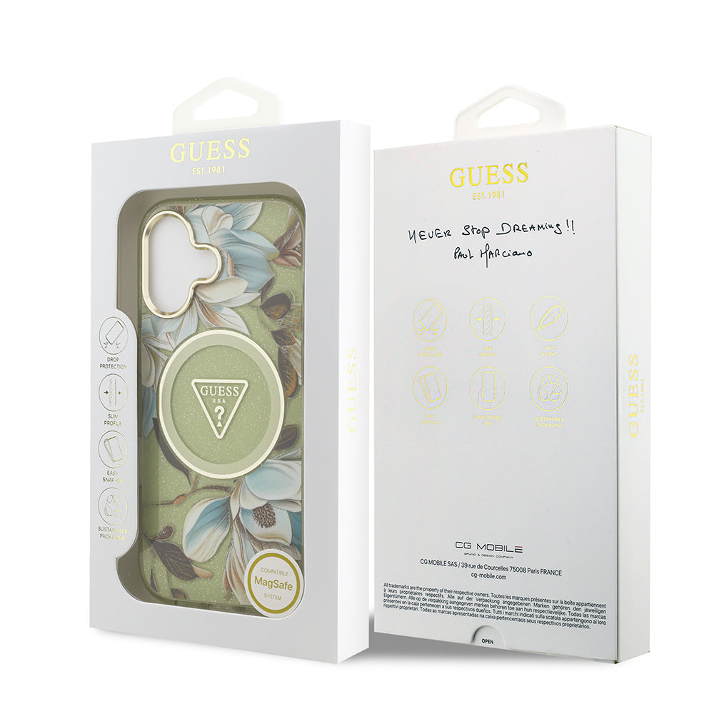 Guess iPhone 17 Orjinal Lisanslı M-safe Şarj Özellikli Simli Çiçek Desenli Metal Kamera Çerçeveli Üçgen Logolu Kılıf