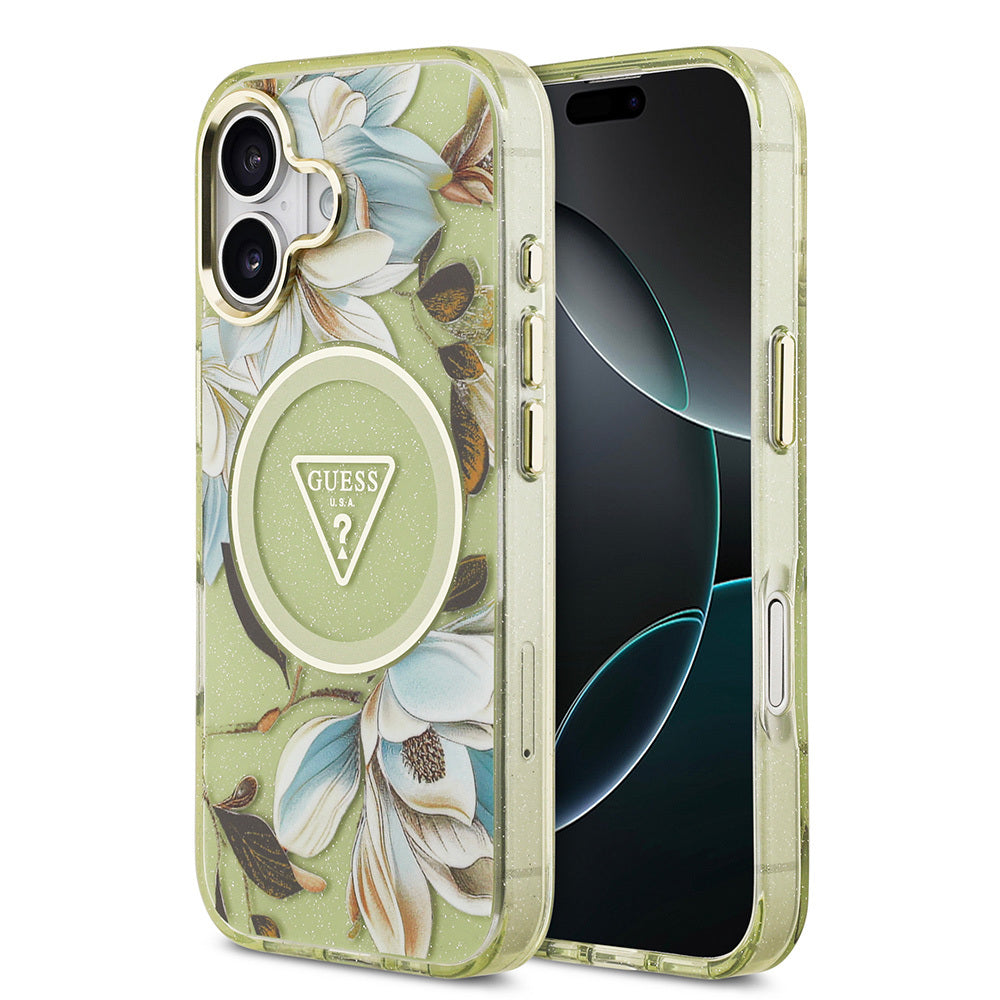 Guess iPhone 17 Orjinal Lisanslı M-safe Şarj Özellikli Simli Çiçek Desenli Metal Kamera Çerçeveli Üçgen Logolu Kılıf