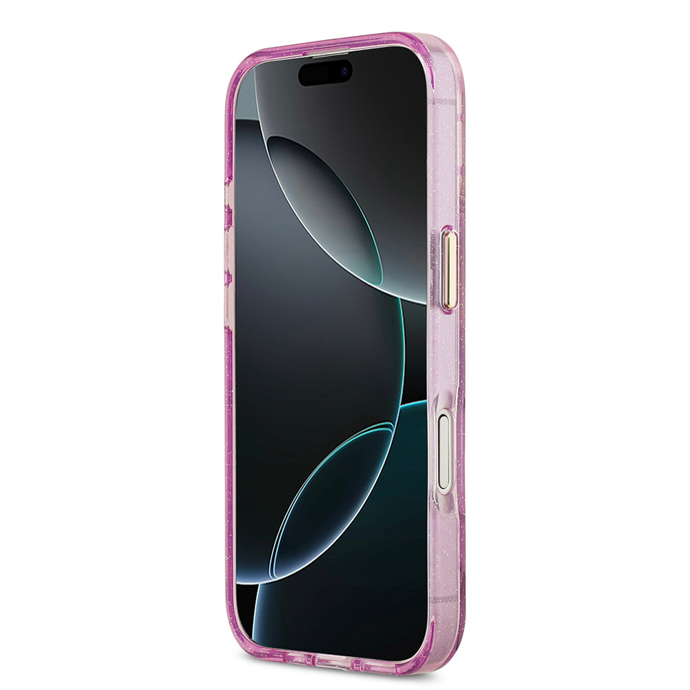 Guess iPhone 17 Orjinal Lisanslı M-safe Şarj Özellikli Simli Çiçek Desenli Metal Kamera Çerçeveli Üçgen Logolu Kılıf