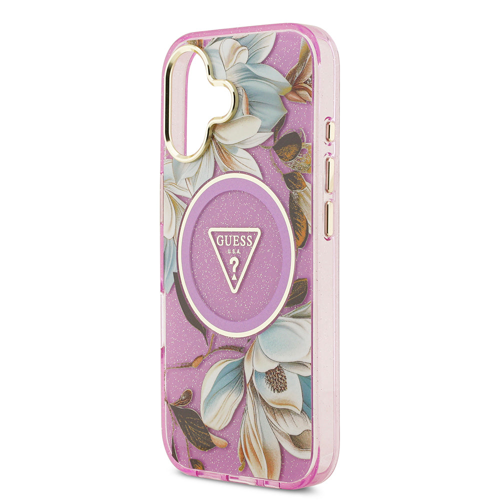 Guess iPhone 17 Orjinal Lisanslı M-safe Şarj Özellikli Simli Çiçek Desenli Metal Kamera Çerçeveli Üçgen Logolu Kılıf