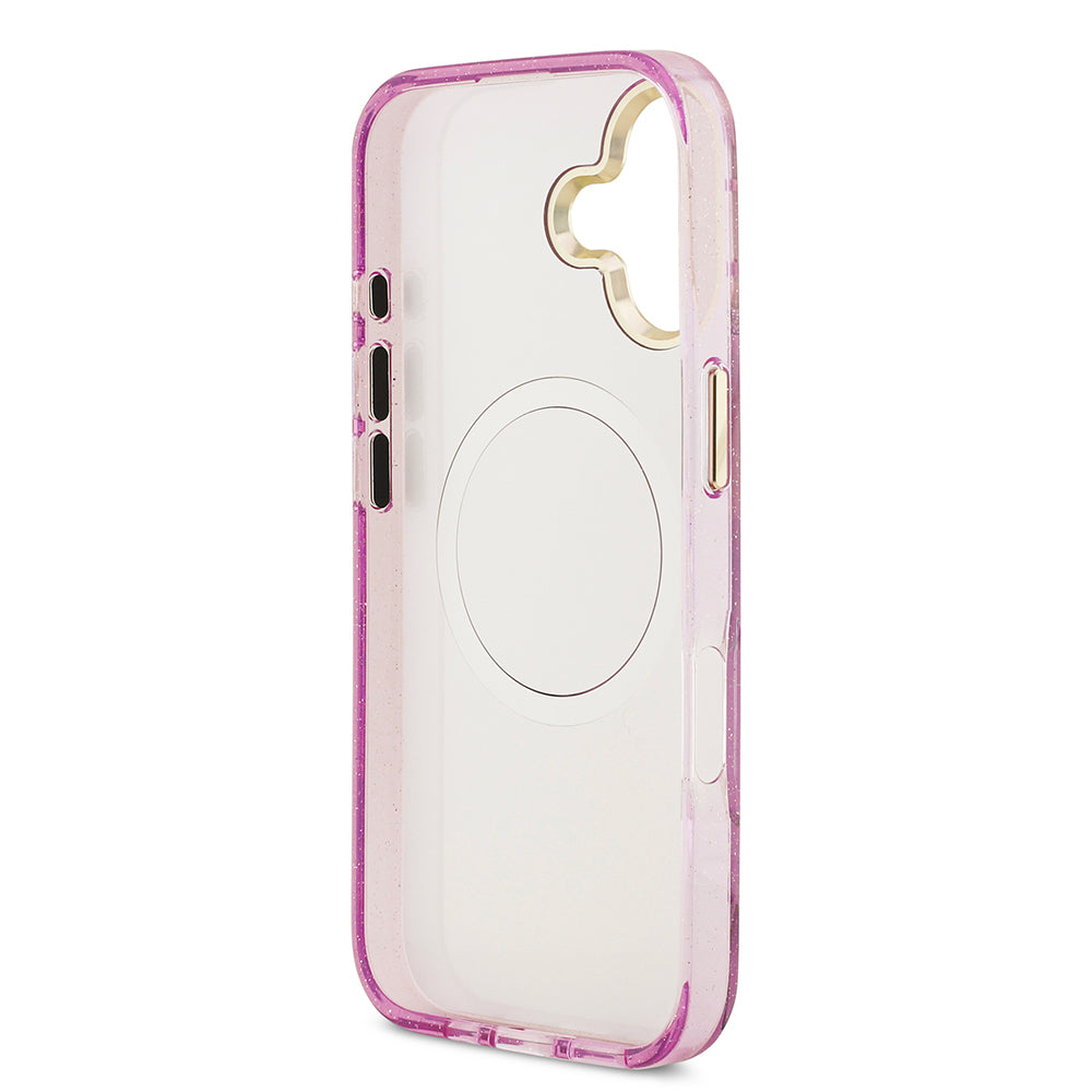 Guess iPhone 17 Orjinal Lisanslı M-safe Şarj Özellikli Simli Çiçek Desenli Metal Kamera Çerçeveli Üçgen Logolu Kılıf