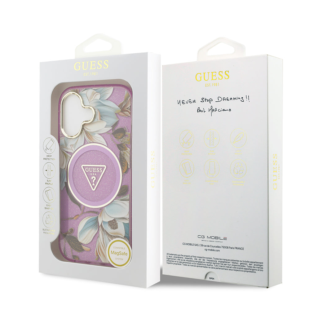 Guess iPhone 17 Orjinal Lisanslı M-safe Şarj Özellikli Simli Çiçek Desenli Metal Kamera Çerçeveli Üçgen Logolu Kılıf