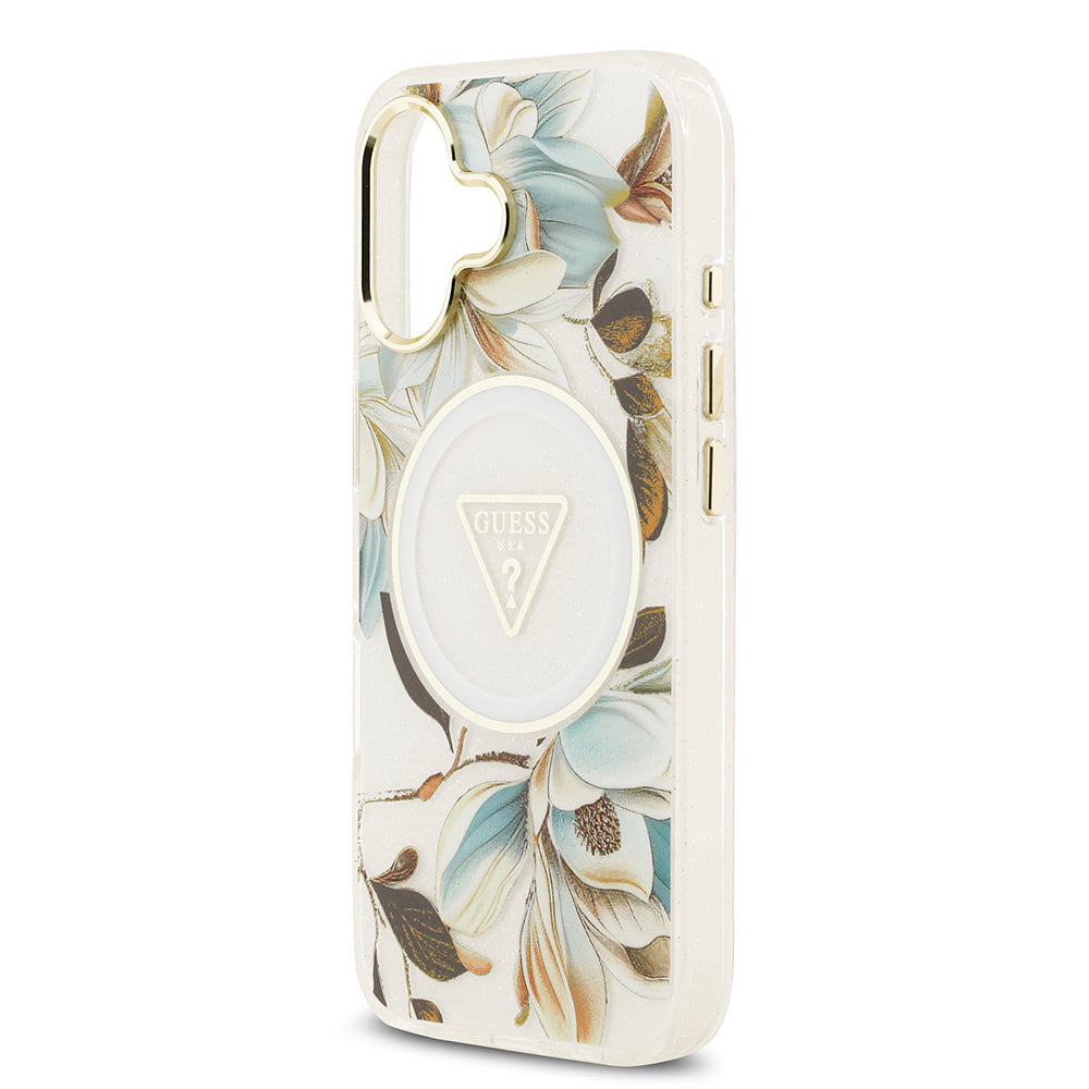 Guess iPhone 17 Orjinal Lisanslı M-safe Şarj Özellikli Simli Çiçek Desenli Metal Kamera Çerçeveli Üçgen Logolu Kılıf