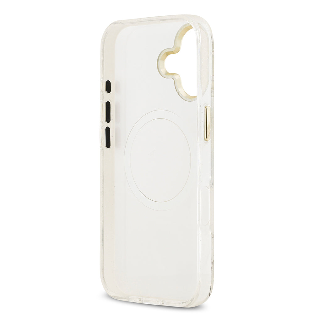 Guess iPhone 17 Orjinal Lisanslı M-safe Şarj Özellikli Simli Çiçek Desenli Metal Kamera Çerçeveli Üçgen Logolu Kılıf