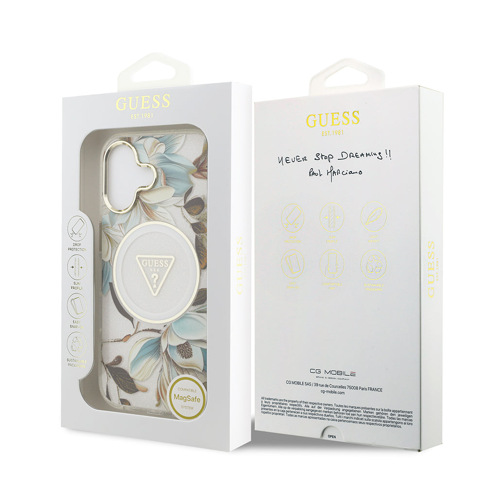 Guess iPhone 17 Orjinal Lisanslı M-safe Şarj Özellikli Simli Çiçek Desenli Metal Kamera Çerçeveli Üçgen Logolu Kılıf