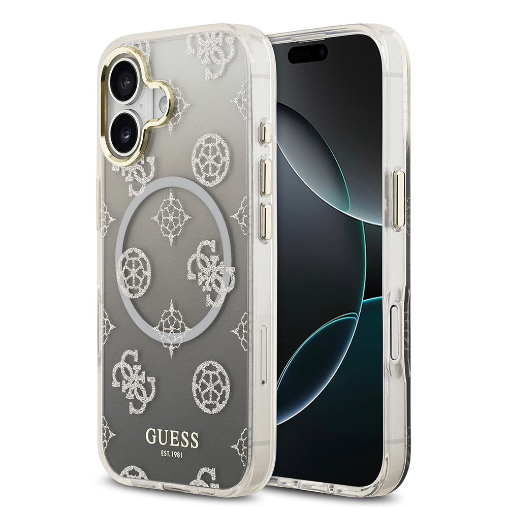 Guess iPhone 17 Orjinal Lisanslı M-safe Şarj Özellikli Simli Peony Desenli Silikon Kılıf