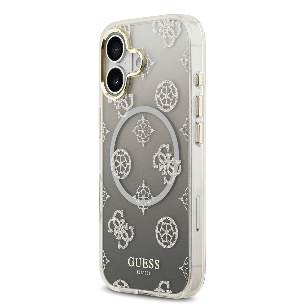 Guess iPhone 17 Orjinal Lisanslı M-safe Şarj Özellikli Simli Peony Desenli Silikon Kılıf