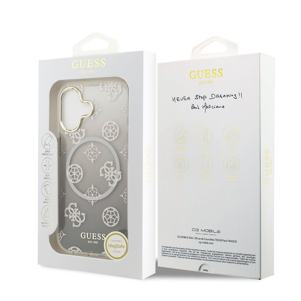 Guess iPhone 17 Orjinal Lisanslı M-safe Şarj Özellikli Simli Peony Desenli Silikon Kılıf