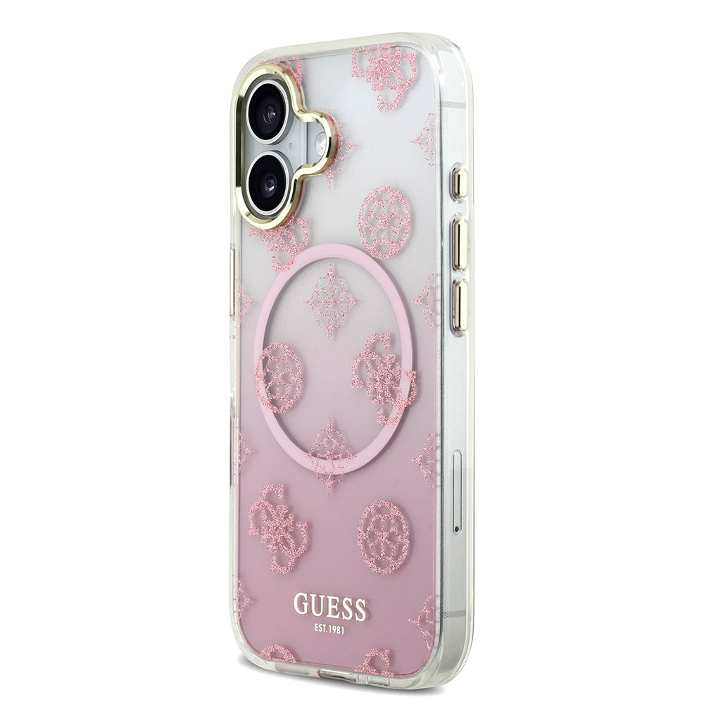 Guess iPhone 17 Orjinal Lisanslı M-safe Şarj Özellikli Simli Peony Desenli Silikon Kılıf