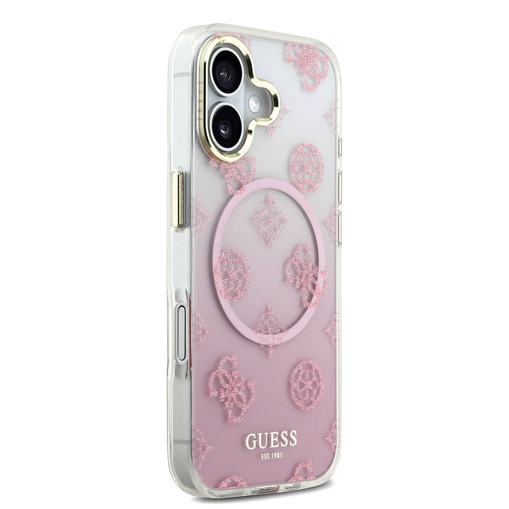 Guess iPhone 17 Orjinal Lisanslı M-safe Şarj Özellikli Simli Peony Desenli Silikon Kılıf