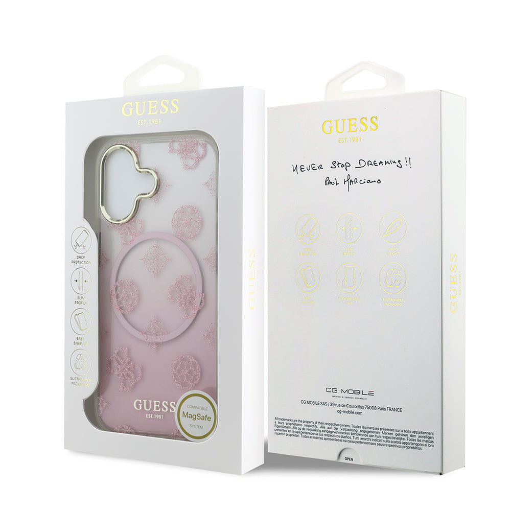 Guess iPhone 17 Orjinal Lisanslı M-safe Şarj Özellikli Simli Peony Desenli Silikon Kılıf