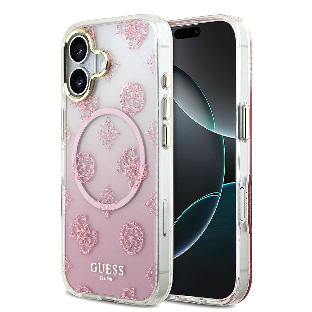 Guess iPhone 17 Orjinal Lisanslı M-safe Şarj Özellikli Simli Peony Desenli Silikon Kılıf