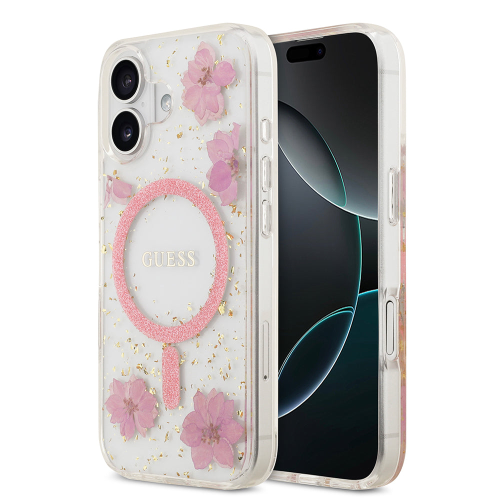 Guess iPhone 17 Orjinal Lisanslı M-safe Şarj Özellikli Transparan Resin Flowers Kılıf