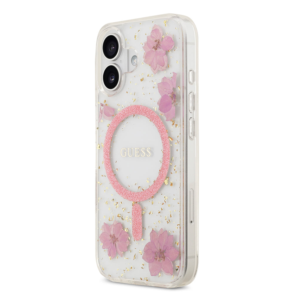 Guess iPhone 17 Orjinal Lisanslı M-safe Şarj Özellikli Transparan Resin Flowers Kılıf