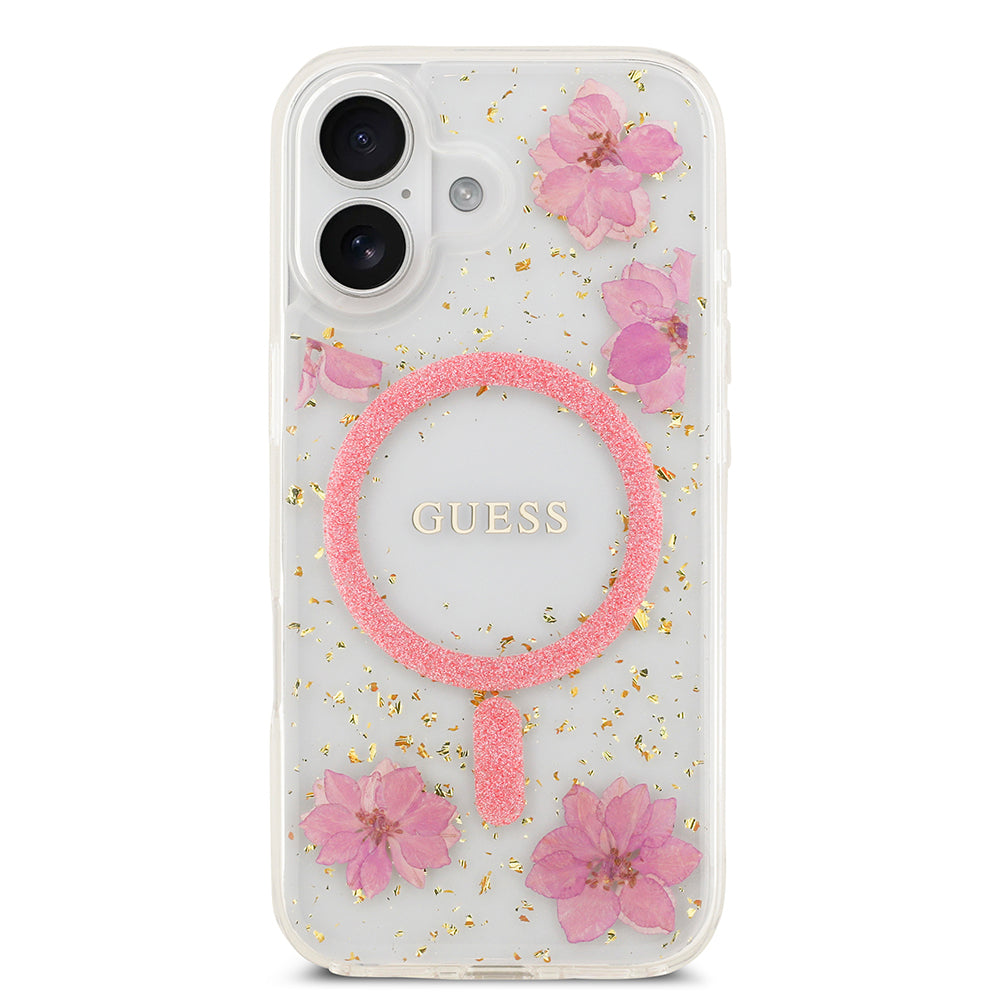 Guess iPhone 17 Orjinal Lisanslı M-safe Şarj Özellikli Transparan Resin Flowers Kılıf