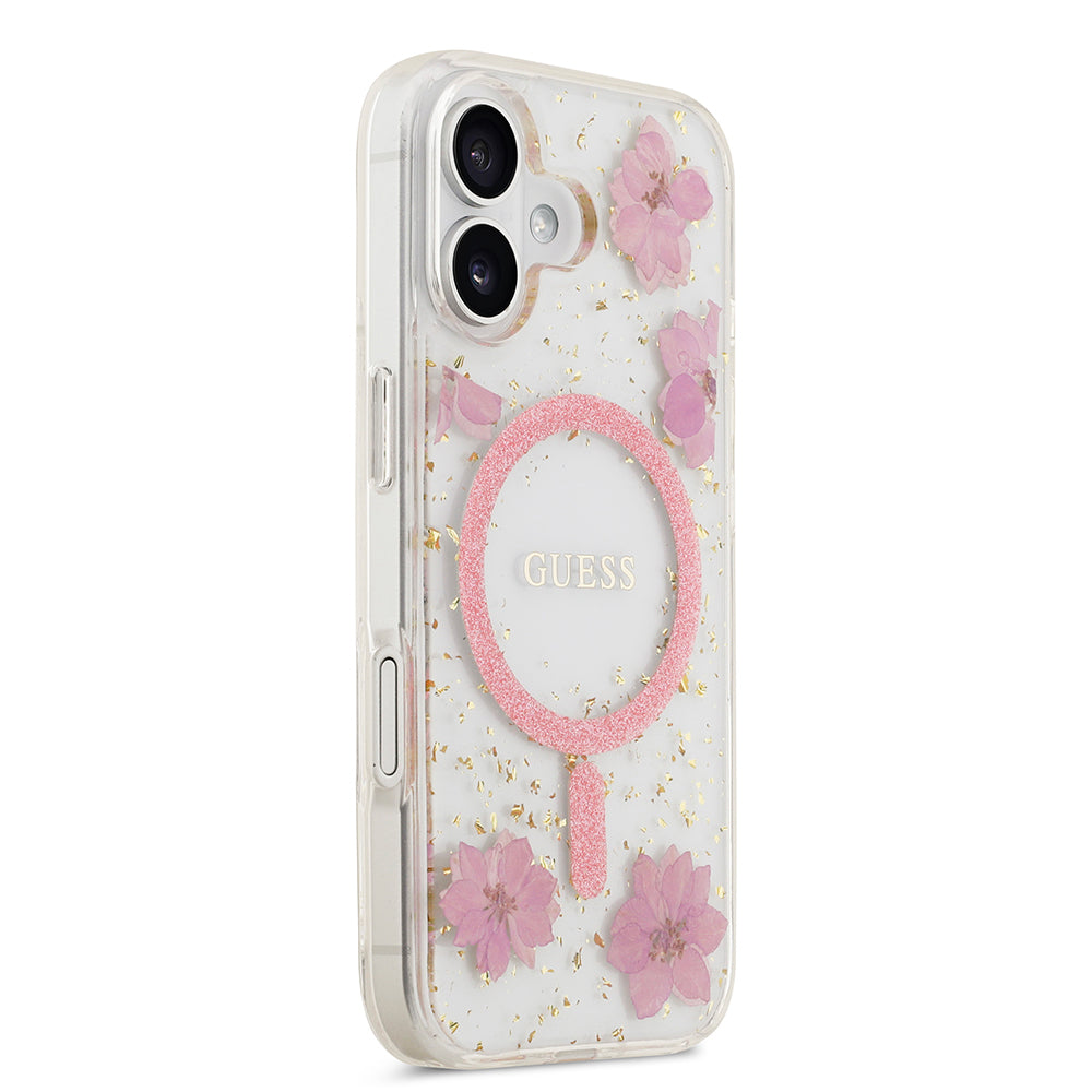 Guess iPhone 17 Orjinal Lisanslı M-safe Şarj Özellikli Transparan Resin Flowers Kılıf