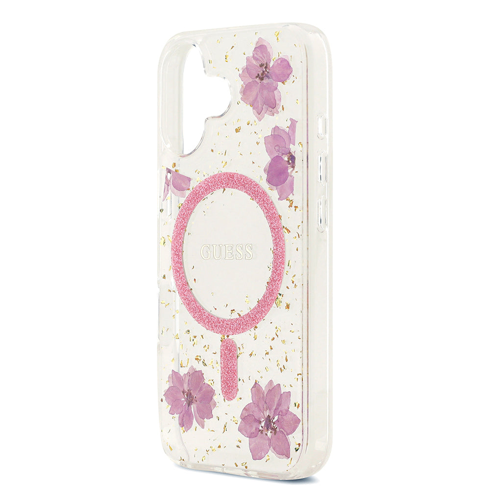 Guess iPhone 17 Orjinal Lisanslı M-safe Şarj Özellikli Transparan Resin Flowers Kılıf