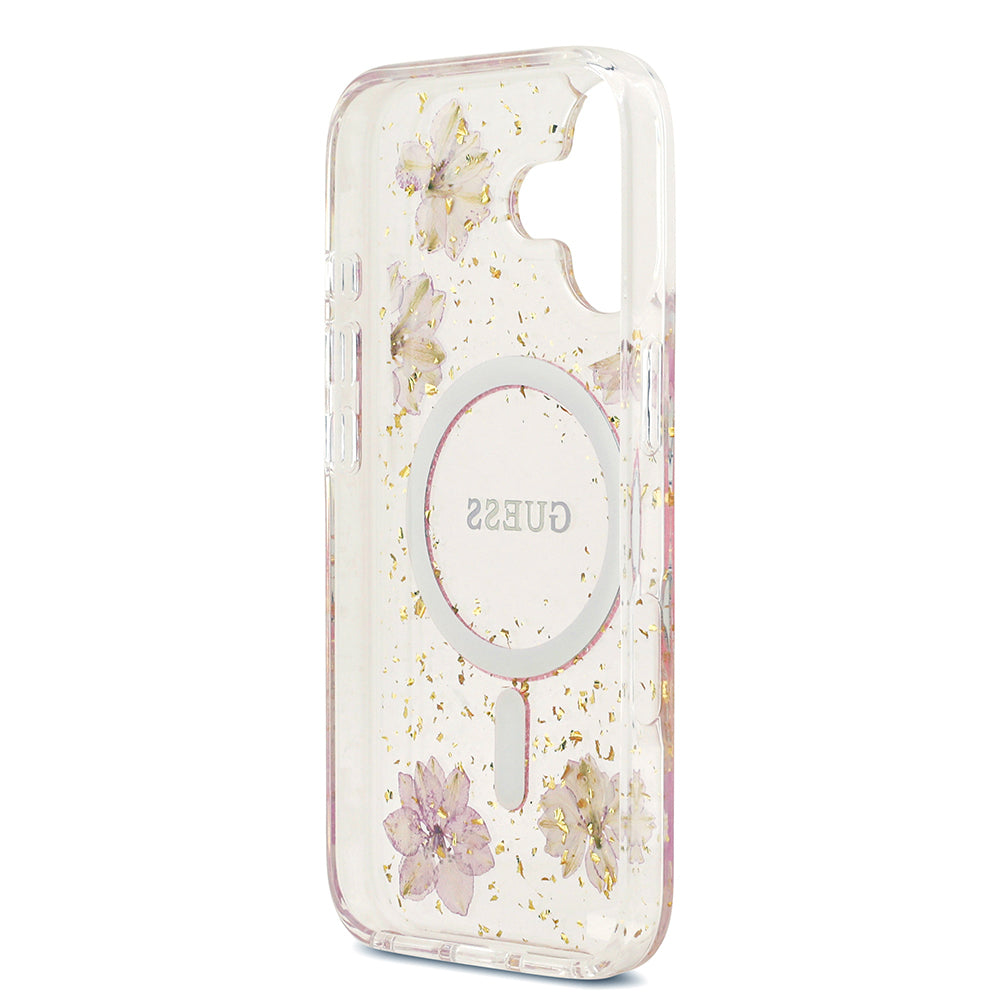 Guess iPhone 17 Orjinal Lisanslı M-safe Şarj Özellikli Transparan Resin Flowers Kılıf