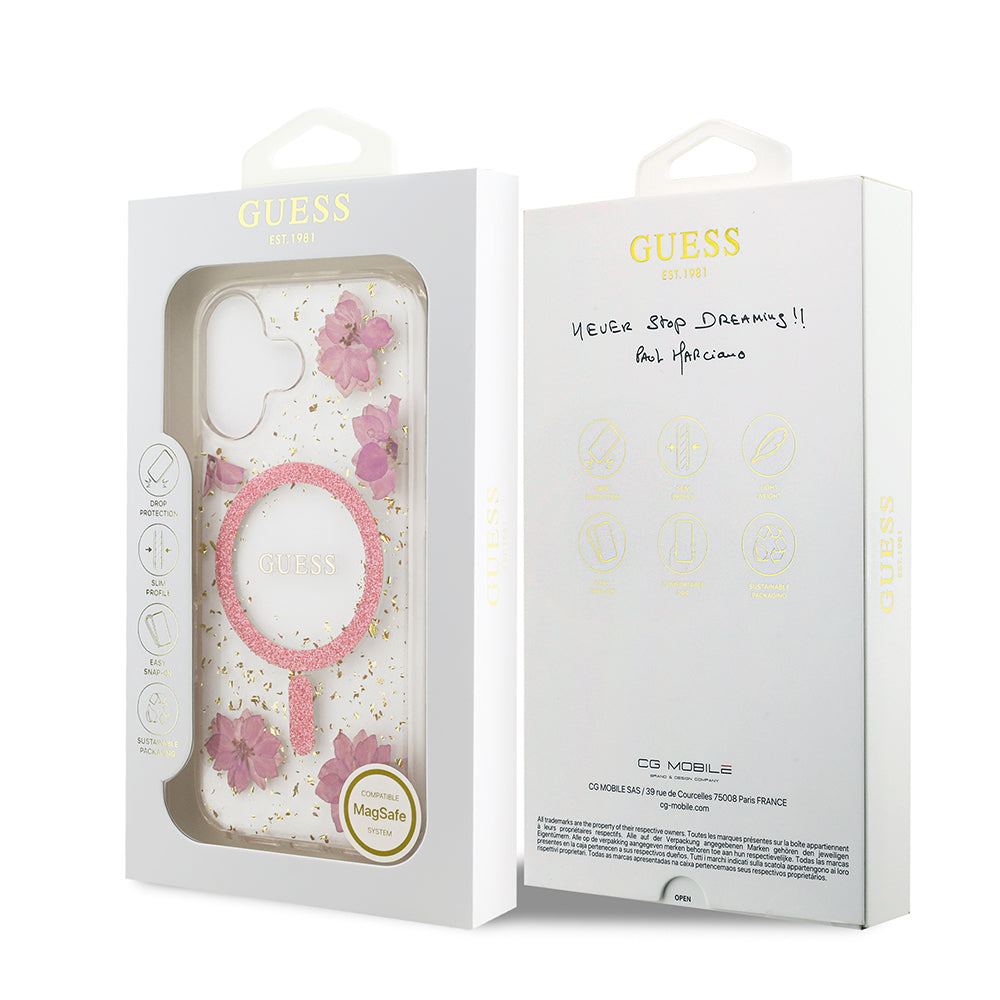 Guess iPhone 17 Orjinal Lisanslı M-safe Şarj Özellikli Transparan Resin Flowers Kılıf