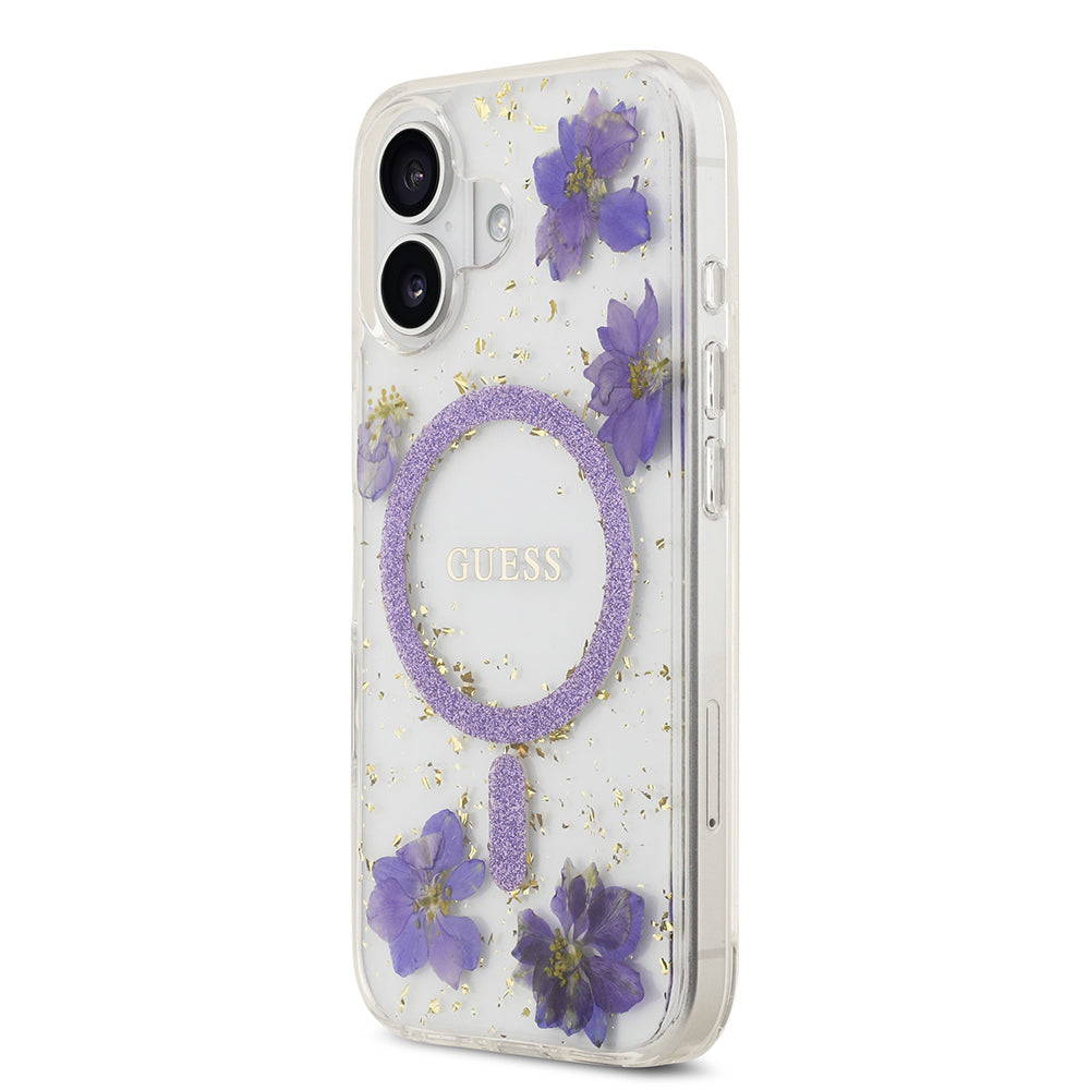 Guess iPhone 17 Orjinal Lisanslı M-safe Şarj Özellikli Transparan Resin Flowers Kılıf