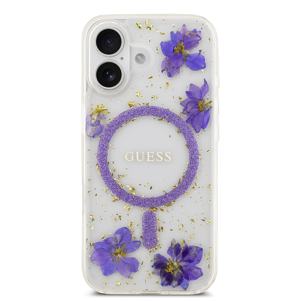 Guess iPhone 17 Orjinal Lisanslı M-safe Şarj Özellikli Transparan Resin Flowers Kılıf