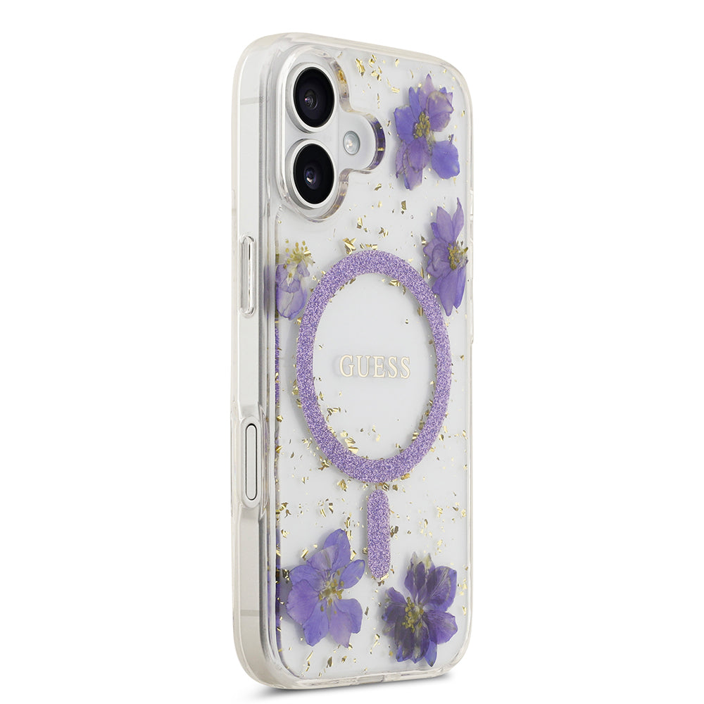 Guess iPhone 17 Orjinal Lisanslı M-safe Şarj Özellikli Transparan Resin Flowers Kılıf
