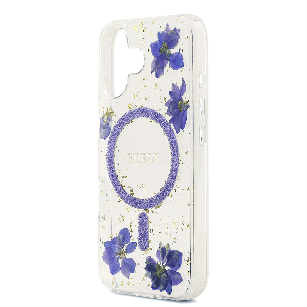Guess iPhone 17 Orjinal Lisanslı M-safe Şarj Özellikli Transparan Resin Flowers Kılıf