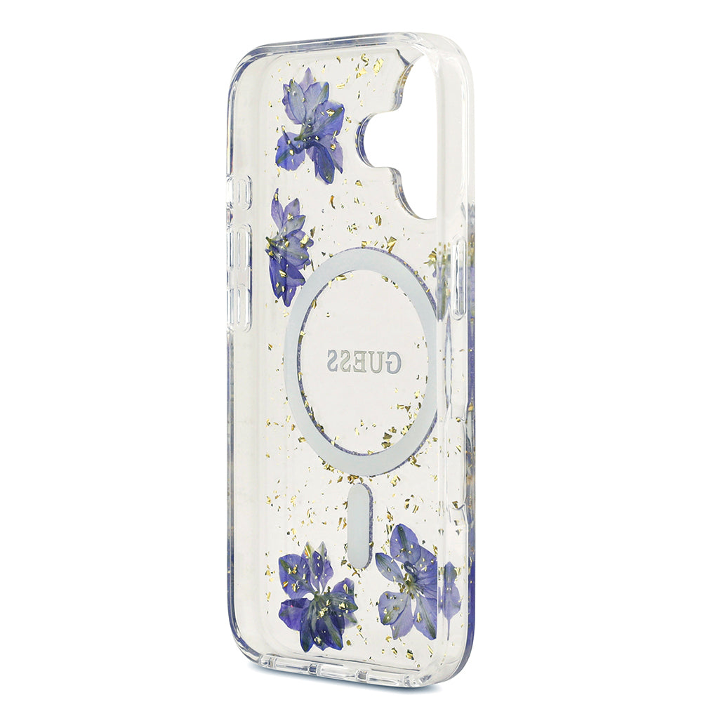 Guess iPhone 17 Orjinal Lisanslı M-safe Şarj Özellikli Transparan Resin Flowers Kılıf