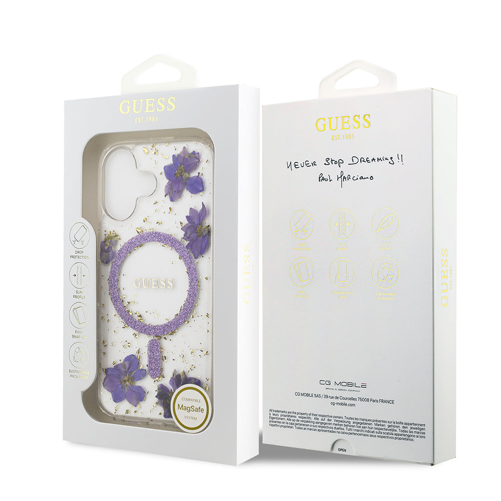 Guess iPhone 17 Orjinal Lisanslı M-safe Şarj Özellikli Transparan Resin Flowers Kılıf