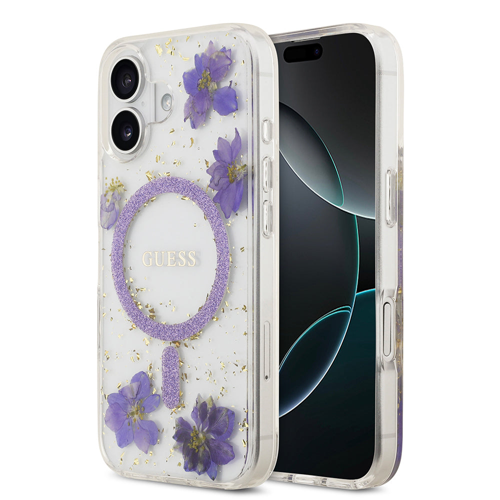 Guess iPhone 17 Orjinal Lisanslı M-safe Şarj Özellikli Transparan Resin Flowers Kılıf