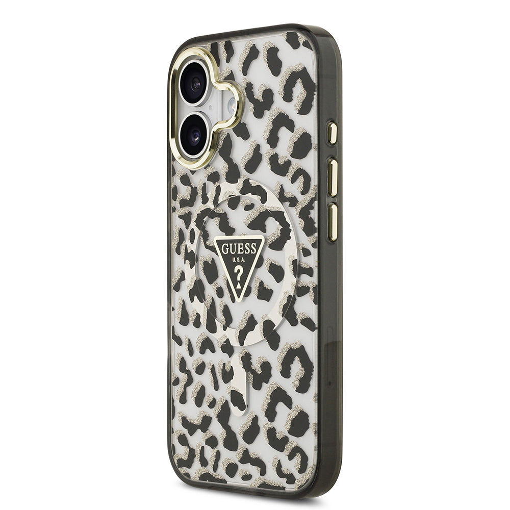 Guess iPhone 17 Orjinal Lisanslı M-safe Şarj Özellikli Üçgen Logolu Simli Leopar Desenli Kılıf