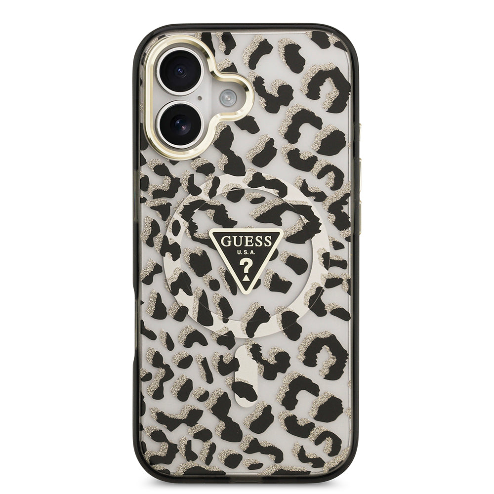 Guess iPhone 17 Orjinal Lisanslı M-safe Şarj Özellikli Üçgen Logolu Simli Leopar Desenli Kılıf