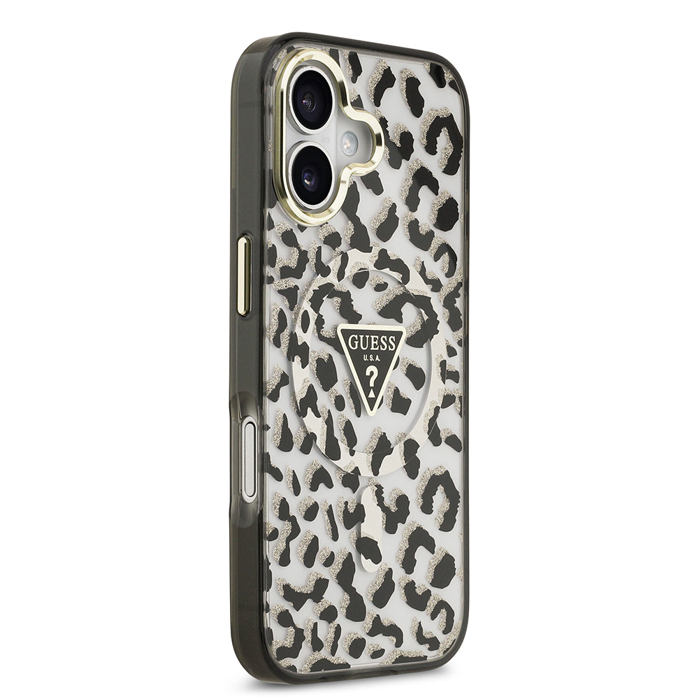 Guess iPhone 17 Orjinal Lisanslı M-safe Şarj Özellikli Üçgen Logolu Simli Leopar Desenli Kılıf