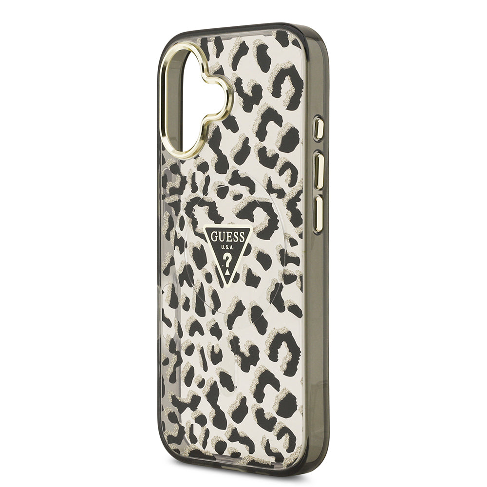 Guess iPhone 17 Orjinal Lisanslı M-safe Şarj Özellikli Üçgen Logolu Simli Leopar Desenli Kılıf