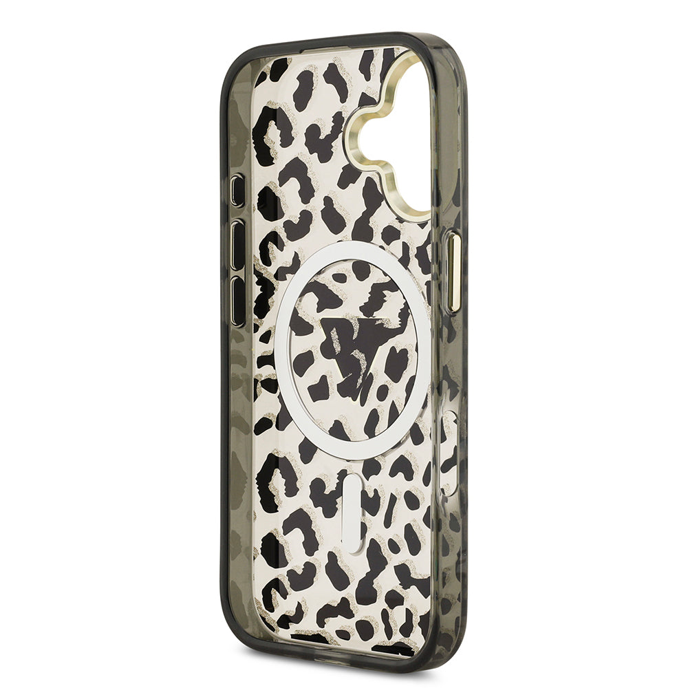 Guess iPhone 17 Orjinal Lisanslı M-safe Şarj Özellikli Üçgen Logolu Simli Leopar Desenli Kılıf
