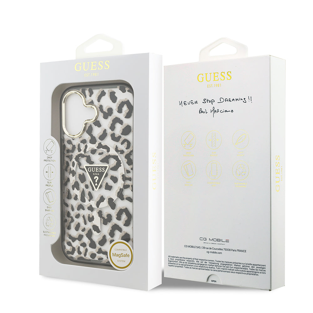 Guess iPhone 17 Orjinal Lisanslı M-safe Şarj Özellikli Üçgen Logolu Simli Leopar Desenli Kılıf