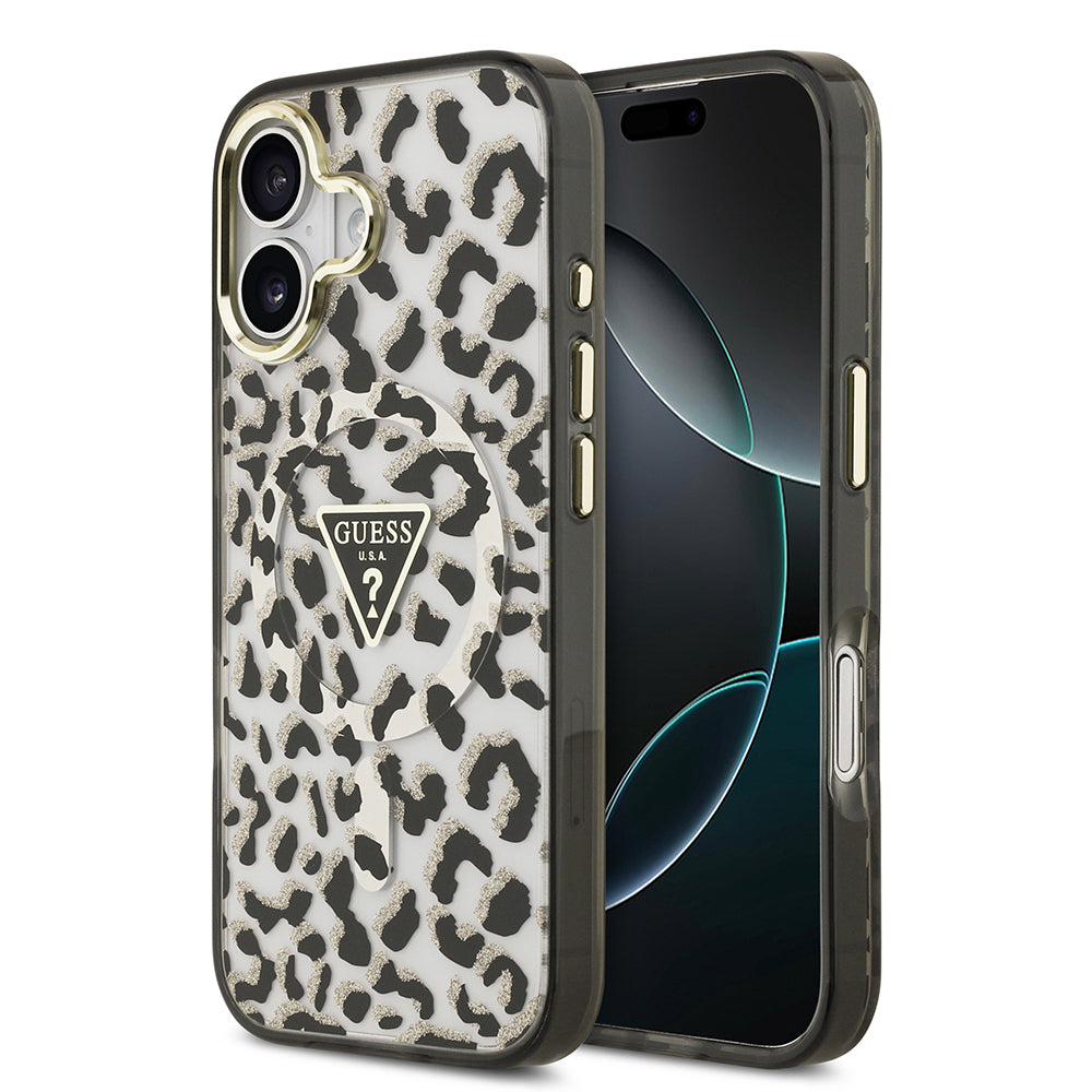 Guess iPhone 17 Orjinal Lisanslı M-safe Şarj Özellikli Üçgen Logolu Simli Leopar Desenli Kılıf