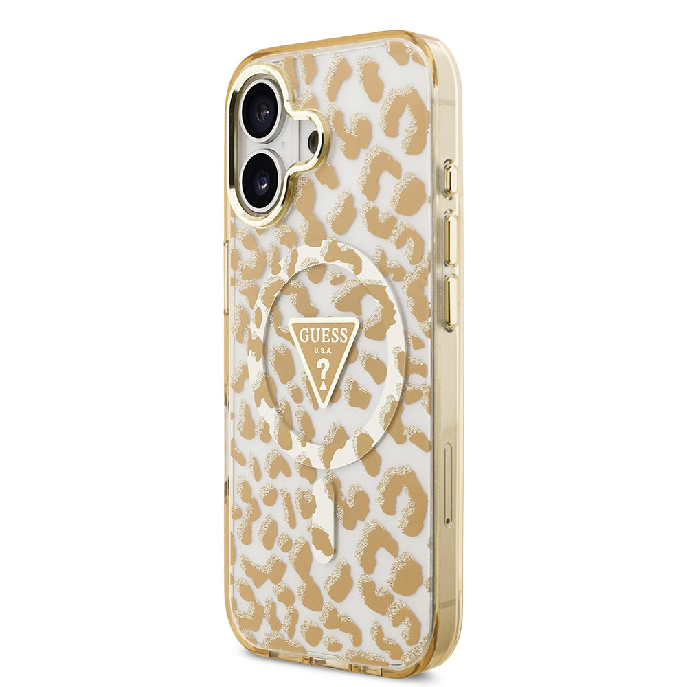 Guess iPhone 17 Orjinal Lisanslı M-safe Şarj Özellikli Üçgen Logolu Simli Leopar Desenli Kılıf