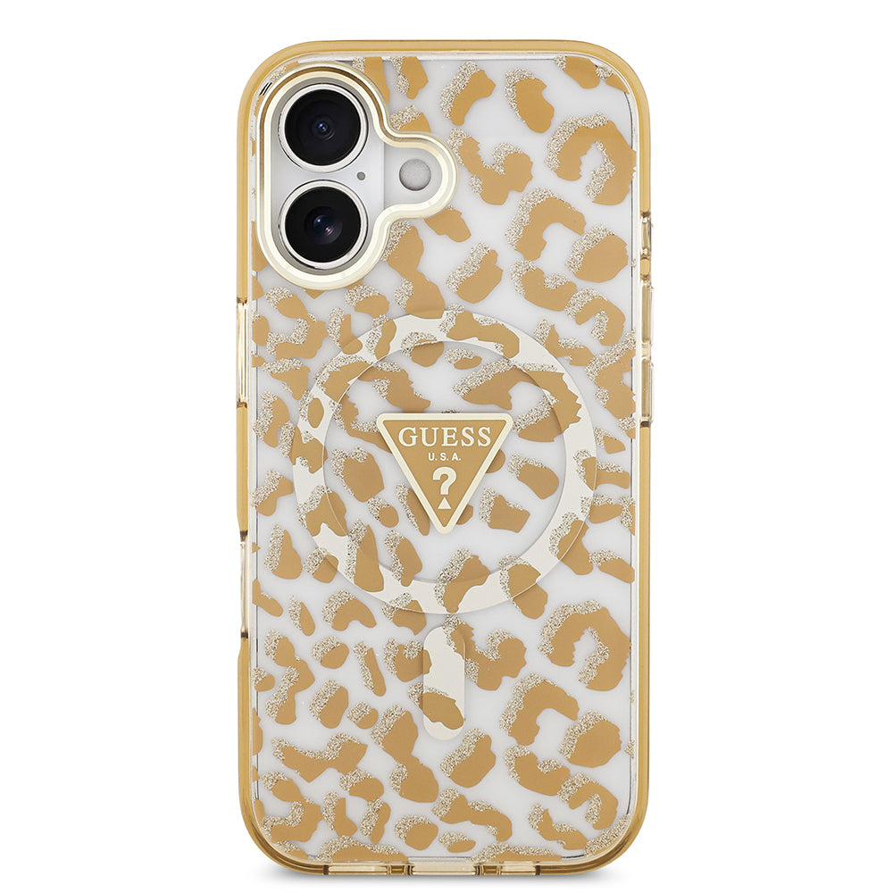 Guess iPhone 17 Orjinal Lisanslı M-safe Şarj Özellikli Üçgen Logolu Simli Leopar Desenli Kılıf