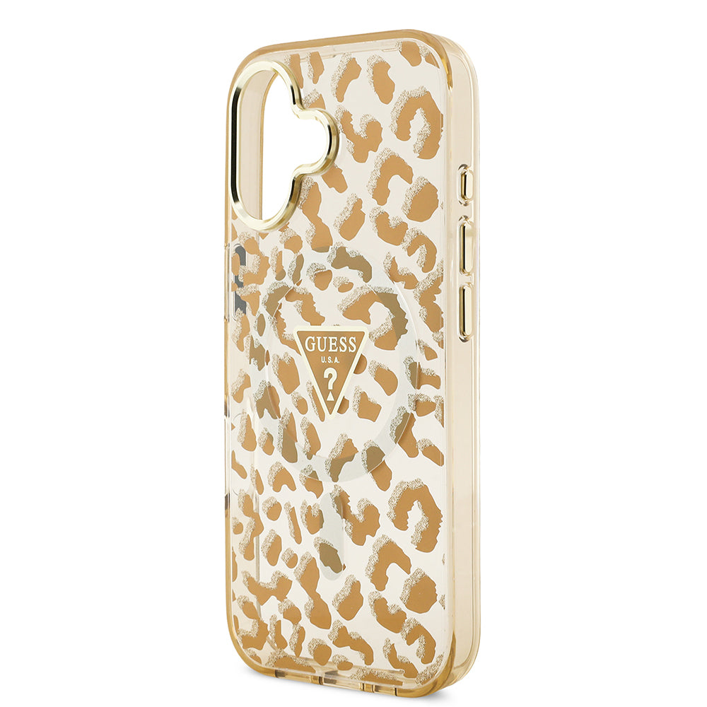 Guess iPhone 17 Orjinal Lisanslı M-safe Şarj Özellikli Üçgen Logolu Simli Leopar Desenli Kılıf