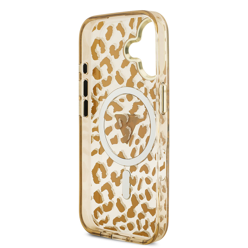 Guess iPhone 17 Orjinal Lisanslı M-safe Şarj Özellikli Üçgen Logolu Simli Leopar Desenli Kılıf