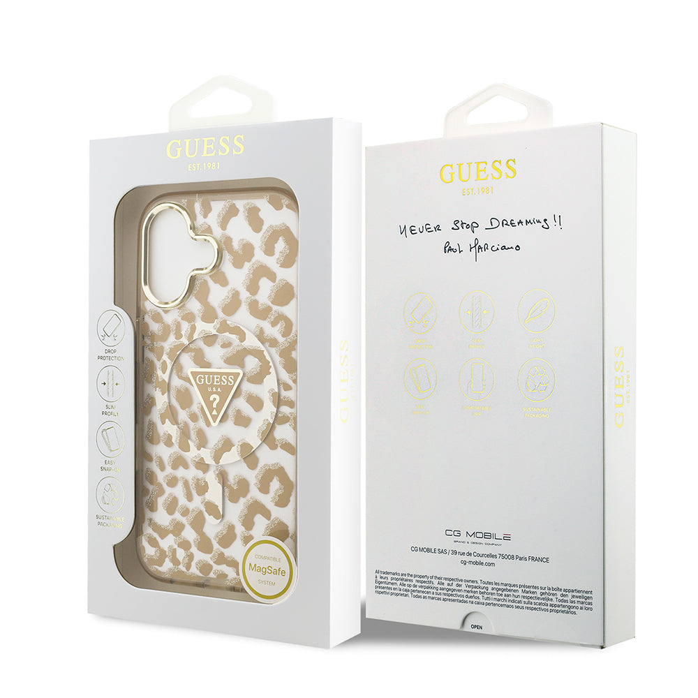Guess iPhone 17 Orjinal Lisanslı M-safe Şarj Özellikli Üçgen Logolu Simli Leopar Desenli Kılıf