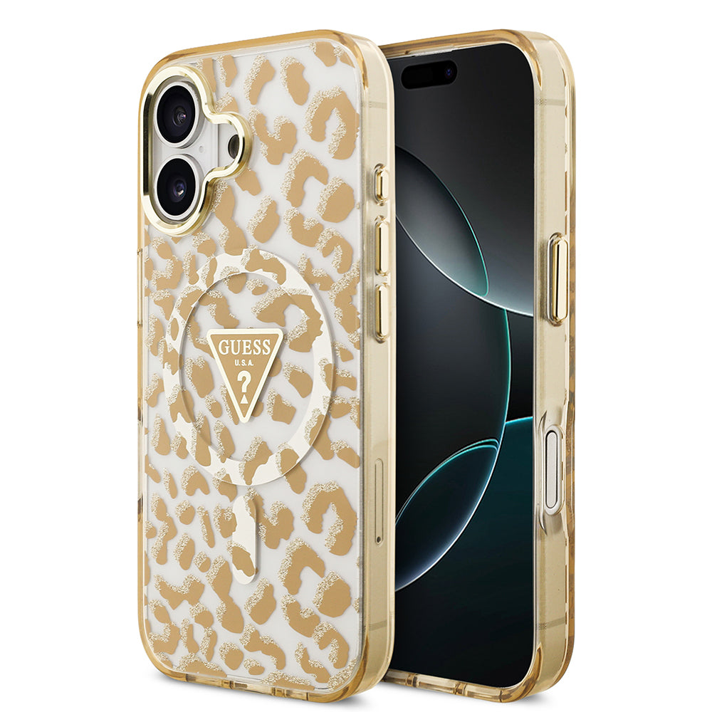 Guess iPhone 17 Orjinal Lisanslı M-safe Şarj Özellikli Üçgen Logolu Simli Leopar Desenli Kılıf