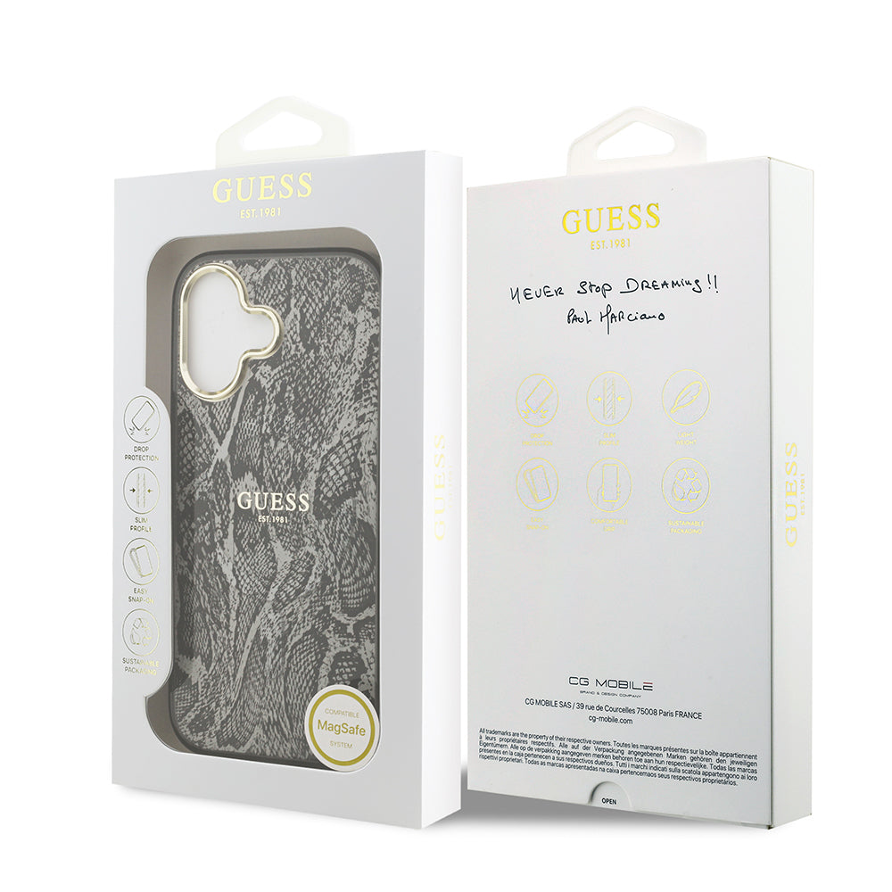Guess iPhone 17 Orjinal Lisanslı M-safe Şarj Özellikli Yazı Logolu Python Desenli Kılıf