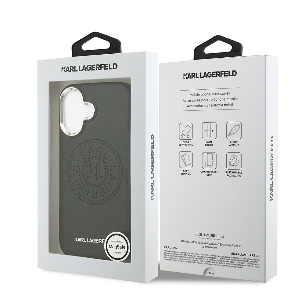 Karl Lagerfeld iPhone 17 Orjinal Lisanslı M-safe Şarj Özellikli Delikli Tasarım Metal Logolu PU Deri Kılıf