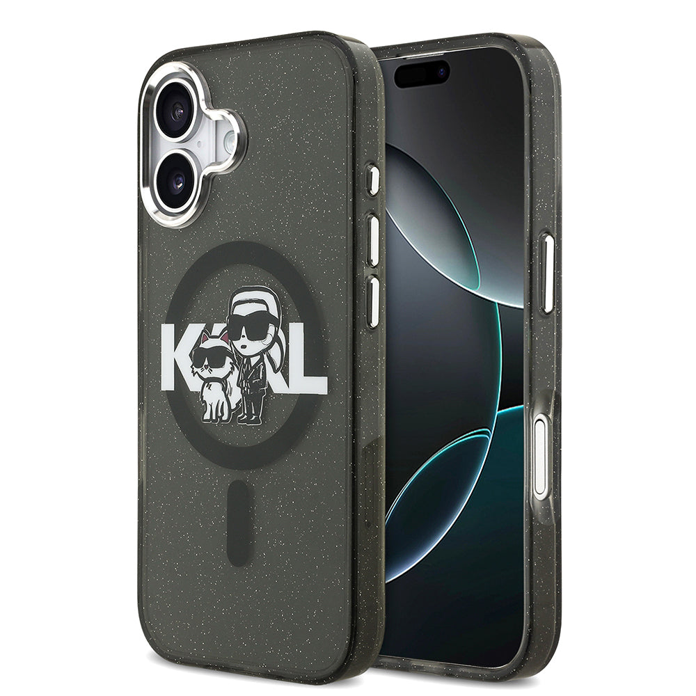 Karl Lagerfeld iPhone 17 Orjinal Lisanslı Parlayan Simli Karl & Choupette Sketch Logo Kılıf