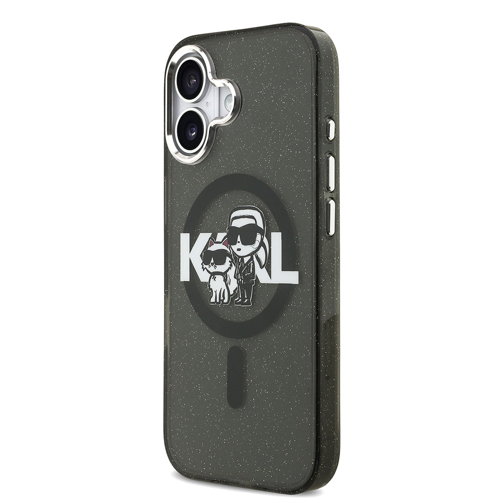 Karl Lagerfeld iPhone 17 Orjinal Lisanslı Parlayan Simli Karl & Choupette Sketch Logo Kılıf